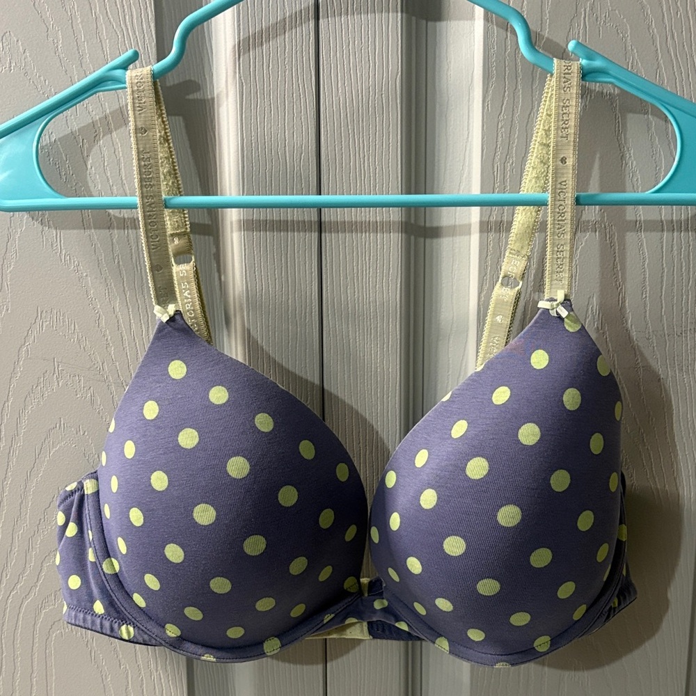 Victoria Secret Blueish Purple & Lime Green Polka Dots Push-Up Bra 38D